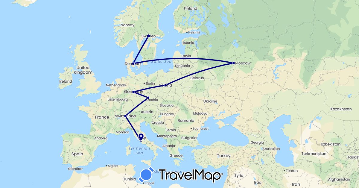 TravelMap itinerary: driving in Switzerland, Czech Republic, Germany, Denmark, Italy, Poland, Russia, Sweden (Europe)